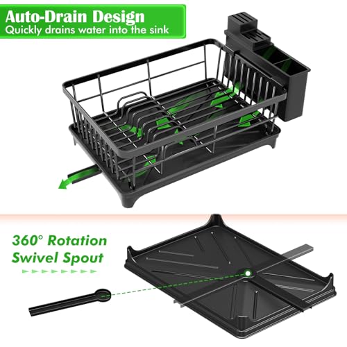 Kmiectse Dish Drying Rack - Space-Saving Small Dish Rack for Kitchen Counter, Rust-Resistant Kitchen Drying Rack, Compact Dish Drainer Organizer with Utensil Holder for Home Kitchen, Black