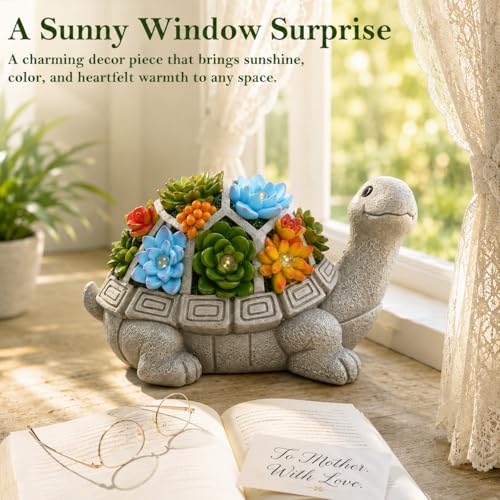 Solar Garden Outdoor Statues Turtle with Succulent | 7 LED Lights, Lawn Decor Statue for Patio, Balcony, Yard Ornament, Gifts for Mom Grandma Women