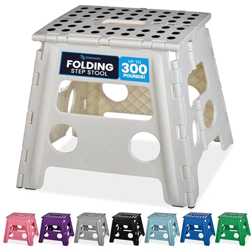 Handy Laundry Folding Step Stool 13 Inch, White, Non-Slip Holds 300 lbs | 13 Inch, White, Foldable Collapsible Step Stool, Non-Slip, Holds 300 lbs, Kitchen Bathroom Bedroom, Adults