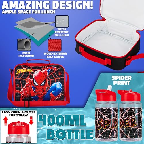 Marvel Spiderman Backpack Lunch Box Water Bottle Pencil Case 4 pc Set for Boys Girls Bookbag Picnic Backpacks Gifts for Kids