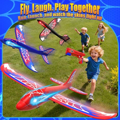 Cool Airplane Launcher Toy with Glowing Eyes & Web-Pattern Wings,2 Flight Modes Outdoor Games for Kids,Boys Toys Age 3-12,Birthday Gifts for 3 4 5 6 7 8 9 10 11 12 Year Old,Kids Gift(Red&Blue&Black)