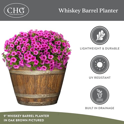 Whiskey Barrel Planter, Resin Garden Pot, 20.5" Kentucky Walnut | Wood Finish Flower Plant Pots, Indoor & Outdoor Planter, Weather-Resistant, Great for Patio, Home & Garden Decor Accent