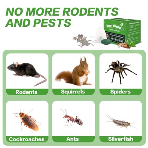 28 Pack Mouse Repellent Tablets, Powerful Peppermint Oil Mice Repellent | Suitable for Indoor & Outdoor Use, Cars, Home, Kitchen, Garage, Suitable for Family and Pets