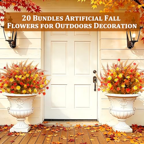 20 Bundles Artificial Fall Flowers for Outdoors Fall Decorations for Home | UV Resistant Fake Mums Faux Fall Plants Plastic Flowers for Garden Porch Fireplace Patio Indoor Autumn Thanksgiving Decor