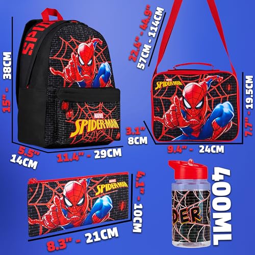 Marvel Spiderman Backpack Lunch Box Water Bottle Pencil Case 4 pc Set for Boys Girls Bookbag Picnic Backpacks Gifts for Kids