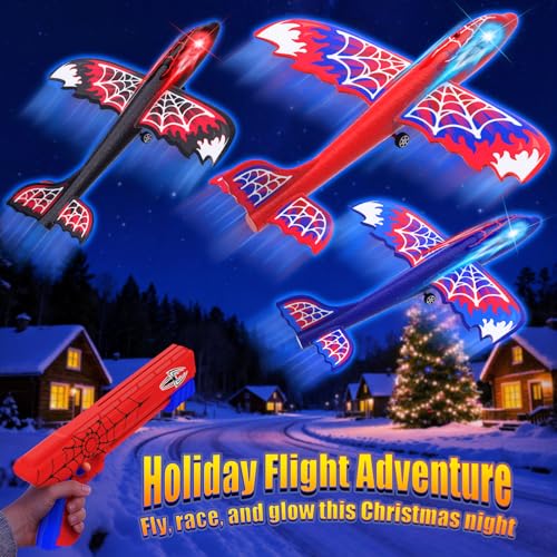 Cool Airplane Launcher Toy with Glowing Eyes & Web-Pattern Wings,2 Flight Modes Outdoor Games for Kids,Boys Toys Age 3-12,Birthday Gifts for 3 4 5 6 7 8 9 10 11 12 Year Old,Kids Gift(Red&Blue&Black)