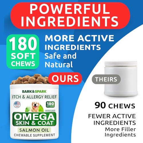 BARK&SPARK Omega 3 for Dogs - 180 Fish Oil Treats for Dog Shedding, Skin Allergy Chews, Itch Relief, Hot Spots Treatment - Joint Health - Skin and Coat Supplement - EPA & DHA Fatty Acids - Salmon Oil