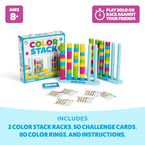 Color Stack Challenge by Relatable – A Fast-Paced Color Matching Puzzle Game for Fun Parties and Family Game Night. Includes 2 Stack Racks, 50 Challenge Cards, 80 Rings & Instructions.