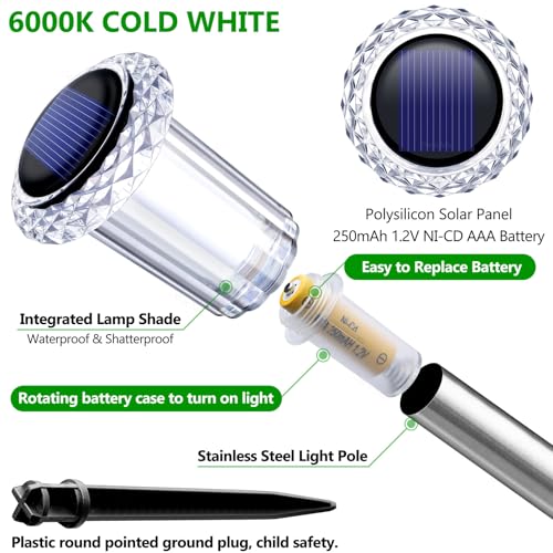 DenicMic Solar Lights Outdoor 10 Pack Waterproof 6000K Cold White LED Stainless Steel Stake Outside Lights for Yard Pathway Garden Driveway Walkway Landscape Path Lighting