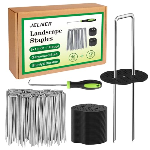JELNER Garden Stakes,6 Inch 11 Gauge 50pcs Galvanized Landscape Staples + 50pcs Gaskets + 1Pick Hook,Tent Stakes Landscaping Fabric SOD Pins for Weed Fabric Barrier,Groud Cover,Fence
