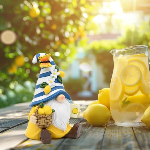 Lemon Decor Summer Garden Gnome Resin Figurines | Mediterranean Lemon Party Decoration for Home Kitchen Office Table Tiered Tray Summer Gnomes Gifts