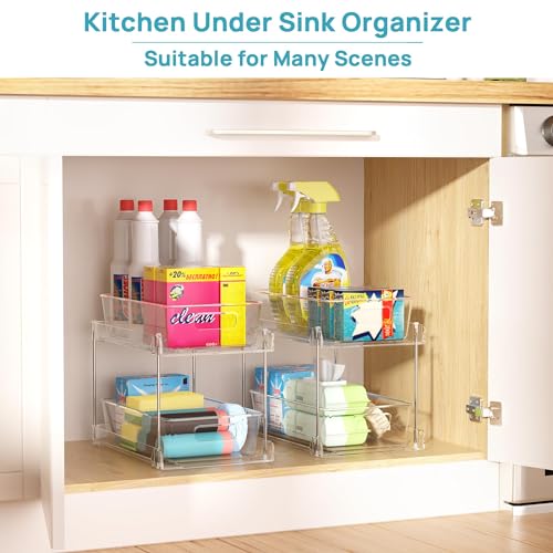 Vtopmart 4 Pack Bathroom Organizer, 2 Tier Clear Under Sink Organizers Vanity Countertop Storage Container,Cabinet Drawers Bins, Pull-Out Organization with Track for Pantry, Kitchen