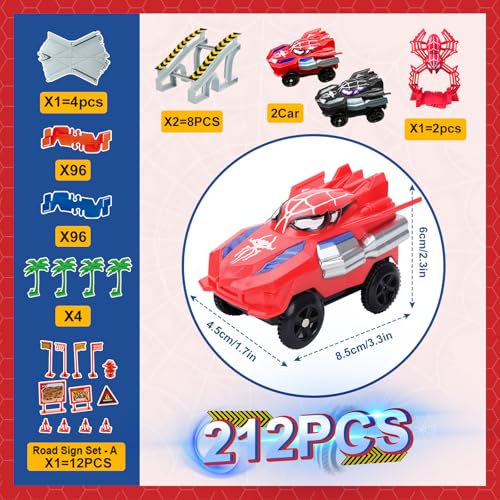 Spider Hero Monster Truck Toys for 3 4 5 6 7 8 9 Year Old Boys Girls: Race Track Set with 2 Spider Cars Electric Vehicle Kids Toys Gift for Boys Girls Age 3-9 Years Birthday Presents（212PCS）