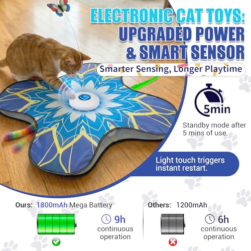 Interactive Cat Toy for Indoor Cats, Touch Activated Automatic Electronic Cat Toy with Sound On/Off, Dual Wands, Non-Slip Suction Cups, Rechargeable Hide and Seek Cat Play Mat for Bored Adult Kittens