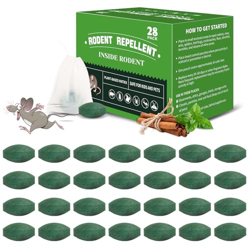 28 Pack Mouse Repellent Tablets, Powerful Peppermint Oil Mice Repellent | Suitable for Indoor & Outdoor Use, Cars, Home, Kitchen, Garage, Suitable for Family and Pets