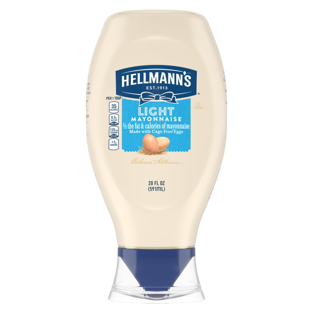 Hellmann's Light Mayonnaise Light Mayo Squeeze Bottle For a Creamy Condiment for Sandwiches and Simple Meals Made With 100% Cage-Free Eggs 20 oz