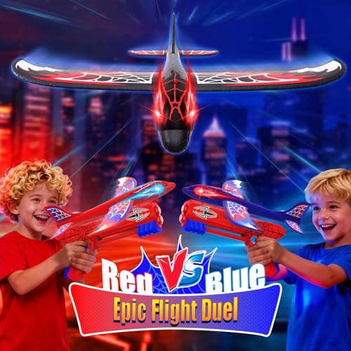 Cool Airplane Launcher Toy with Glowing Eyes & Web-Pattern Wings,2 Flight Modes Outdoor Games for Kids,Boys Toys Age 3-12,Birthday Gifts for 3 4 5 6 7 8 9 10 11 12 Year Old,Kids Gift(Red&Blue&Black)