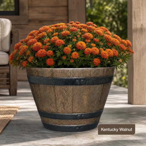 Whiskey Barrel Planter, Resin Garden Pot, 20.5" Kentucky Walnut | Wood Finish Flower Plant Pots, Indoor & Outdoor Planter, Weather-Resistant, Great for Patio, Home & Garden Decor Accent