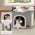 Bedsure Cat Beds for Indoor Cats - Large Cat Cave for Pet Cat House with Fluffy Ball Hanging and Scratch Pad, Foldable Cat Hideaway, 16.5x16.5x13 inches, Grey