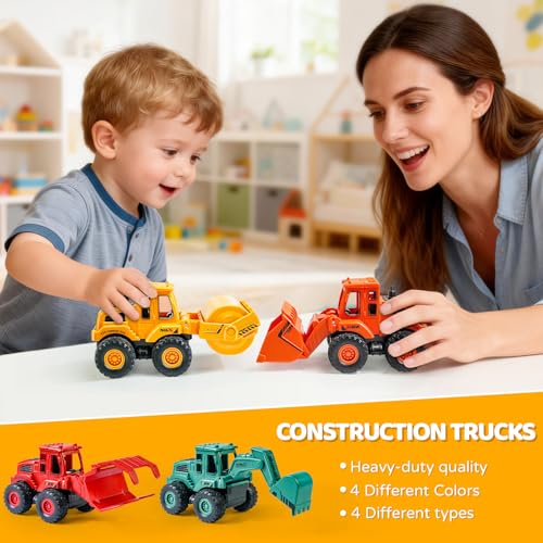 Beestech Construction Toys for 3 Years Old Boys Girls Kids, Friction Powered Construction Truck Toys Vehicles Sand Toys Trucks Excavator, Bulldozer, Road Roller (Colorful 4 Pack)