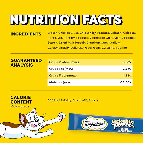 Temptations Creamy Puree Squeezable Lickable Cat Treats, Wet Cat Treats with Salmon, 0.42 oz. Tubes, 24 Count - Packaging May Vary