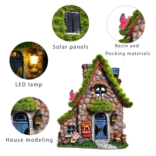 ASAWASA Resin Fairy House Statues with Solar Powered Lights, Funny Garden Sculptures with Flocked and Cobblestone Decor, Exquisite Garden Cottage Figurines
