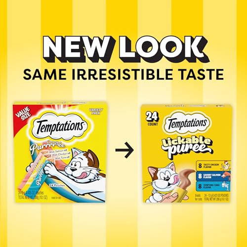 Temptations Creamy Puree Squeezable Lickable Cat Treats, Wet Cat Treats with Chicken, Salmon, and Tuna Variety Pack, 0.42 oz. Tubes, 24 Count