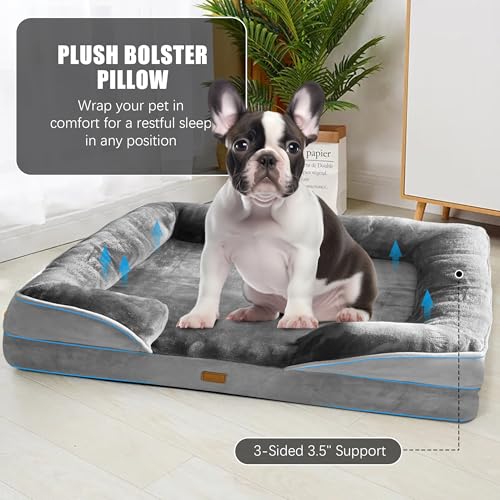 Spotted Play Orthopedic Dog Bed with Sides - Dog Sofa Beds for Medium Dogs, Supportive Foam Pet Couch Bed with Washable Removable Cover, Waterproof Lining and Non-Slip Bottom, Grey - M