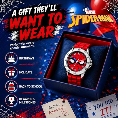 Spiderman Time Teacher Watch for Kids - Red Silicone Strap, Easy-to-Read Dial, Water Resistant, with Special Tin