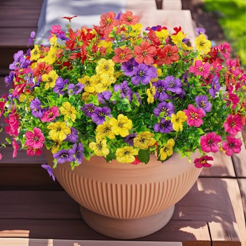 Artificial Flowers for Indoor & Outdoor Decoration - 12 Bundles Faux Daisies with Eucalyptus Leaves Fake Greenery for Garden, Home, Porch, Patio, Boxwood (12 Pcs Mix Pink Red Purple Yellow)