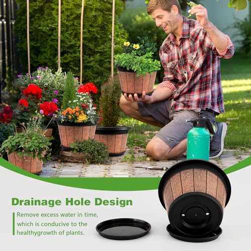 Quarut 4 Pack 10 inch Plant Pots,Upgrade Whiskey Barrel Planters with Drainage Holes & Saucer,Plastic Decoration Flower Pots Retro Design,Planters for Outdoor Indoor Garden Home Plants (Brown)
