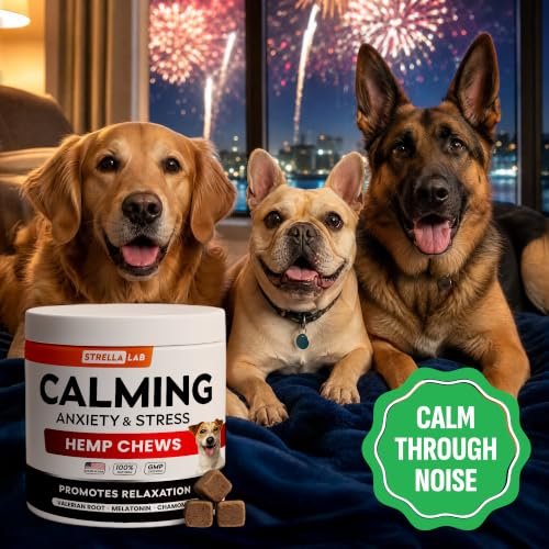 Advanced Calming Chews for Dogs - Hemp Chews and Melatonin - Anxiety Relief - Sleep Aid - Relaxing Treats - Stress Relief During Fireworks, Storms, Thunder, Barking - Made in USA - BBQ - 60ct