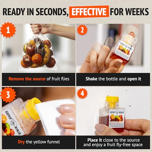 Super Ninja Fruit Fly Traps for Indoors - 4 Pack, Highly Effective Fruit Fly Catcher for Indoor Use for Home & Kitchen, Up to 3 Weeks of Performance per Bottle, Kid & Pet Friendly