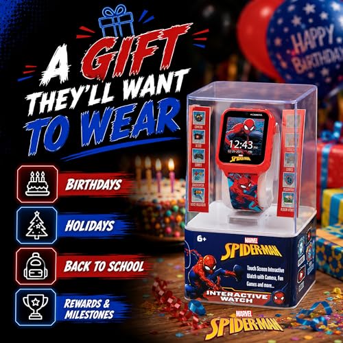 Accutime Marvel Spider-Man Red Educational Touchscreen Smart Watch Toy for Boys, Girls, Toddlers - Selfie Cam, Learning Games, Alarm, Calculator, Pedometer, and More (Model: SPD4588AZ)