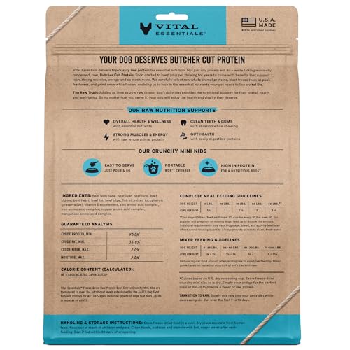 Vital Essentials Freeze Dried Dog Food, Raw Beef Crunchy Mini Nibs | Complete Meal or Topper | 96% Beef, Organs & Bone | Limited Ingredient, High Protein, Grain Free Dry Dog Food | 25 oz Bag