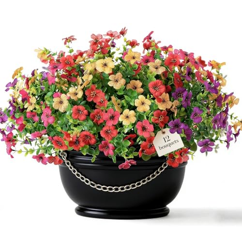 Artificial Flowers for Indoor & Outdoor Decoration - 12 Bundles Faux Daisies with Eucalyptus Leaves Fake Greenery for Garden, Home, Porch, Patio, Boxwood (12 Pcs Mix Pink Red Purple Yellow)