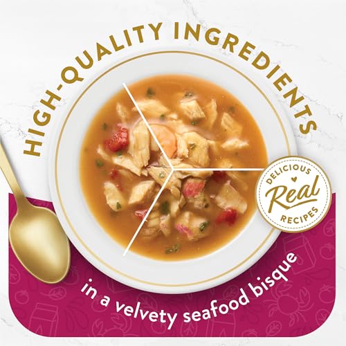 Purina Fancy Feast Broth Seafood Bisque Complement Variety Pack Gourmet Grain-Free Lickable Cat Food Topper, Pack of 12, 1.4 oz. Pouches