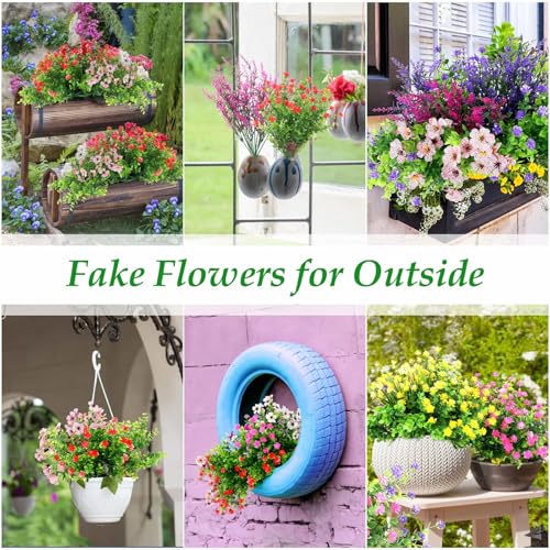20 Bundles Artificial Spring Summer Flowers Bulk for Outdoors, UV Resistant | Silk Fake Wildflowers and Plastic Faux Lavender Plants for Outside Garden Patio Porch Window Box Hanging Basket Decor