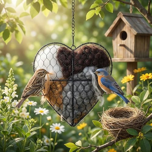Handmade Fiber Bird Nesting Heart, Nesting Material for Wild Bird, Refillable Nesting Accessories, Hummingbird Nest/House, Outdoor Garden Decortion, Gifts for Bird/Nature Lovers (1pc)