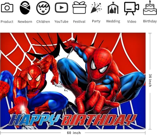 Spider Birthday Party Decorations, 5x3ft Happy Birthday Back Drop Banner Theme Backdrop Banner for Spider Party Decorations Indoor Outdoor.
