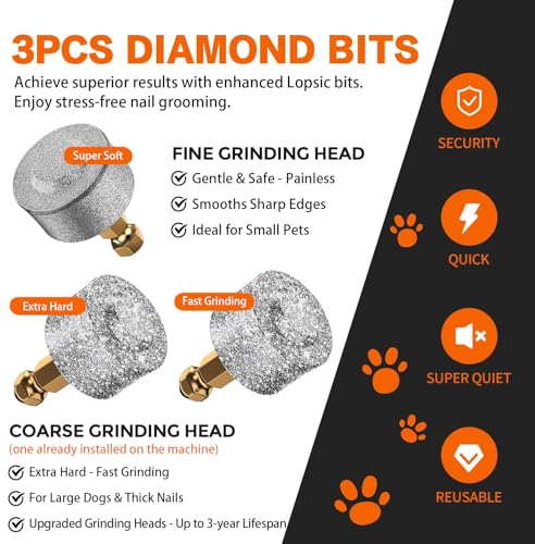 Whisper Quiet Dog Nail Grinder with 4 LED Lights, Safe & Stress-Free for Sensitive Dogs Cats of All Breeds & Sizes, 3 Grinding Bits, 3-Speed, Pet Nail Trimmers, Rechargeable Painless Grooming Kit