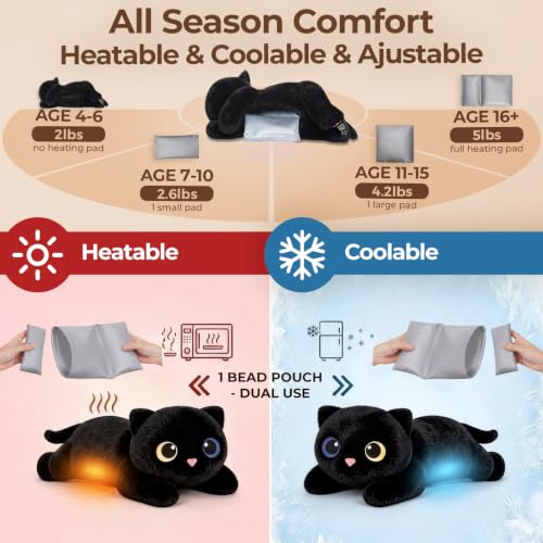 Mewaii Weighted Stuffed Animals 5 lbs Adjustable, Heated & Coolable 23 Inch Plush for Realistic Hug, Microwavable Removable Inner Pad, Cat Gifts for Adults & Kids (Black)