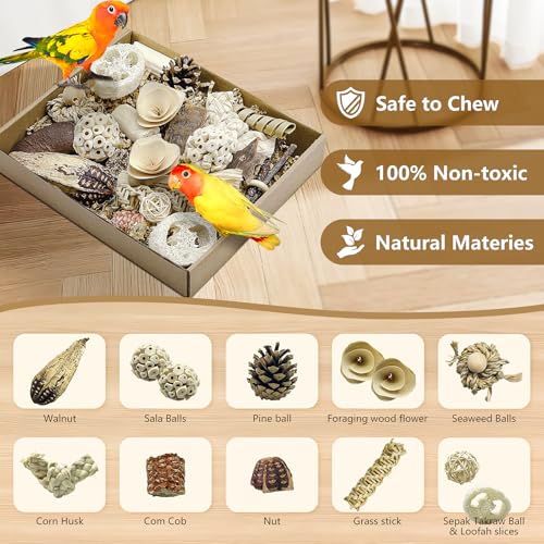 Natural Bird Toy Foraging Parrot Shredding Toys Box Conure Chewing Toys for Cockatiel Lovebird Parakeet Budgie Small-Medium Birds (Nature Color)