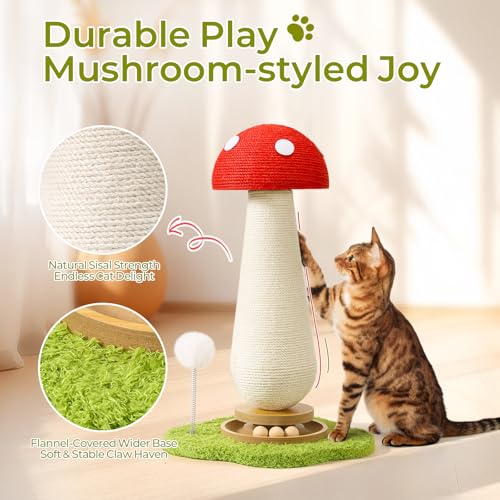 Cat Scratching Post, Mushroom Cat Scratcher with Interactive Ball Track Spring Ball Toys Cute Sisal Scratchers Post for Indoor Adults Kitten with Stable Base