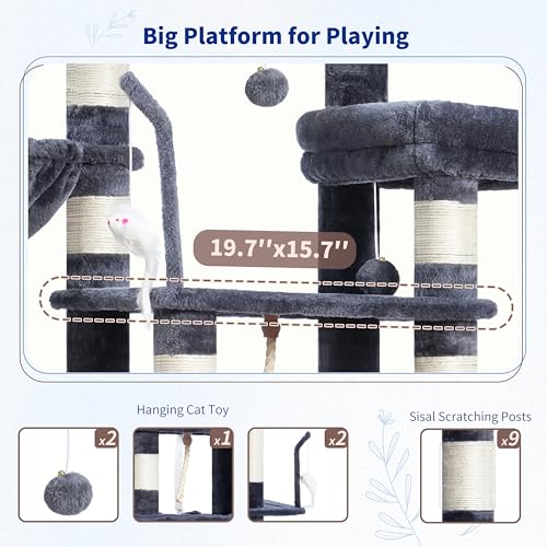 Gitelsnour Cat Tree, Cat Tower for Large Cats with 2 Big Platforms, 2 Baskets, condo and Toys, 63" Cat Scratching Posts for Indoor Cats, Smoky Gray GCT020G