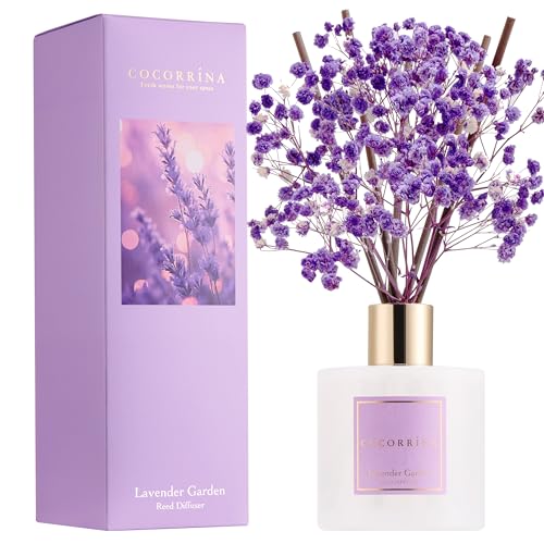 Reed Diffuser - Lavender Garden 6.7 Fl.oz Reed Diffuser Set with Sticks & Preserved Baby's Breath, Reed Diffuser for Home Bathroom Shelf Decor