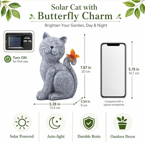 Cat Outdoor Statues for Garden with Solar Butterfly | IP65 Waterproof,Outside Decor, Yard Art Lawn Ornaments, Porch Patio Balcony Home House, Gifts for Mom Grandma Women