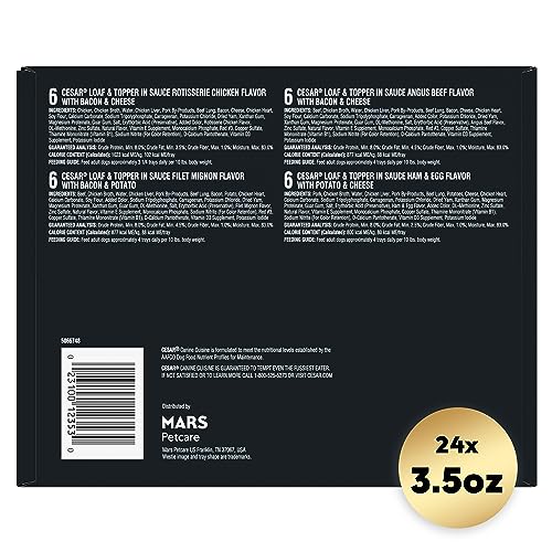 Cesar Loaf in Sauce Wet Dog Food Rotisserie Chicken, Filet Mignon, Angus Beef, and Ham & Egg Flavors Variety Pack, 3.5 oz. Easy Peel Trays (24 Count, Pack of 1)
