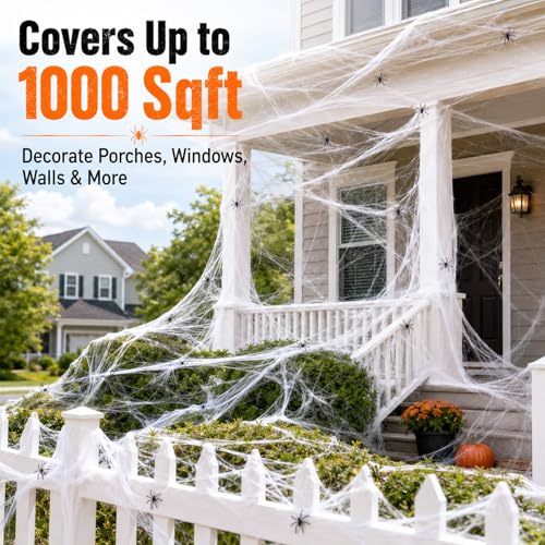 MAQIHAN 1000 sqft Spider Webs Halloween-Decorations Halloween Spider Web Cobwebs Halloween Decorations with 40 Fake Spiders Super Stretch Cobwebs for Halloween Decor Outdoor
