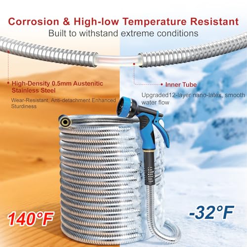 Lefree 100ft Metal Garden Hose - Heavy Duty 304 Stainless Steel Flexible Water Hose, No Kinks & Leak-Proof with Upgraded Handle, 10-Function Spray Nozzle & 4 Spare Gaskets for Yard, RV, Pet Bath